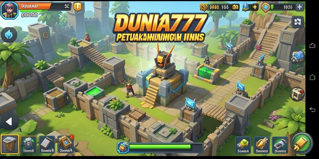 Tampilan gameplay menegangkan DUNIA777 dengan strategi tower defense yang seru.