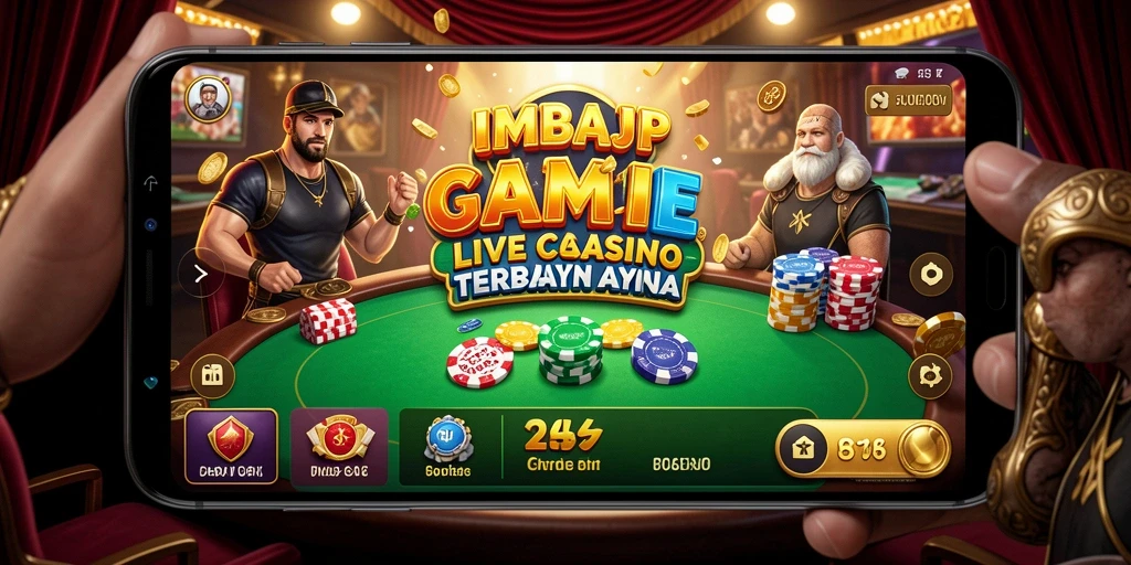 Screenshot gameplay IMBAJP yang menampilkan dealer live dan suasana permainan kasino.