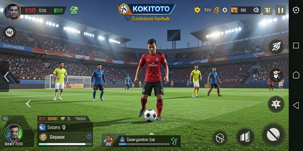 Tampilan gameplay KOKITOTO dengan pertarungan seru di lapangan sepak bola.