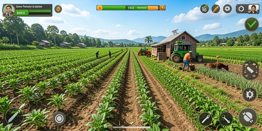 Tampilan gameplay MPO555 dengan ladang yang subur dan hewan ternak.