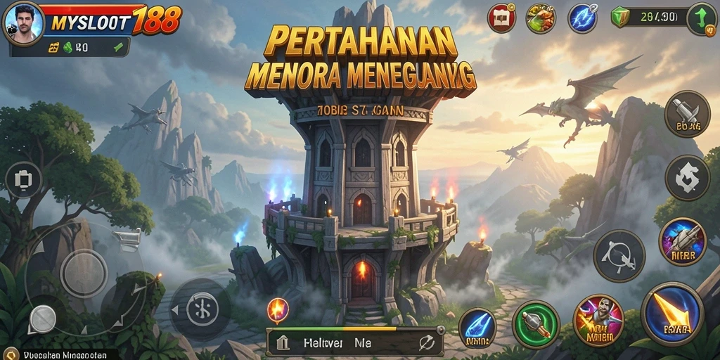 Screenshot MYSLOT188 menampilkan aksi pertahanan menara yang intens.