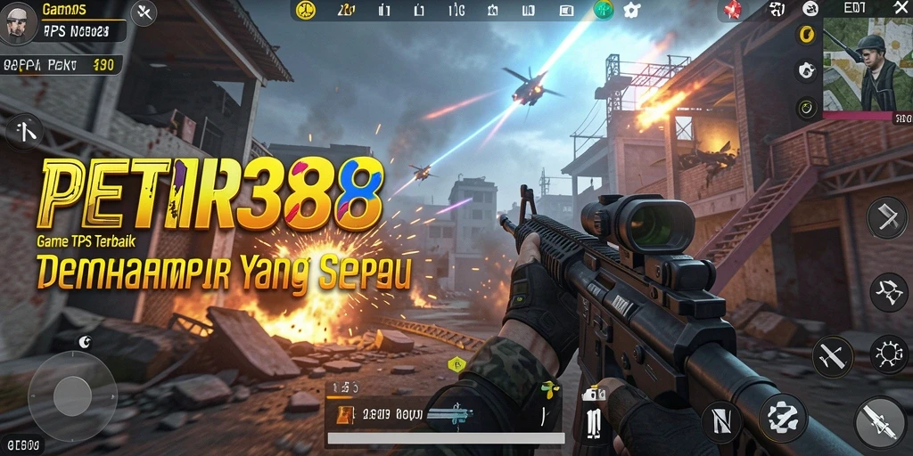 Screenshot utama PETIR388 menampilkan aksi pertempuran seru dalam mode TPS.