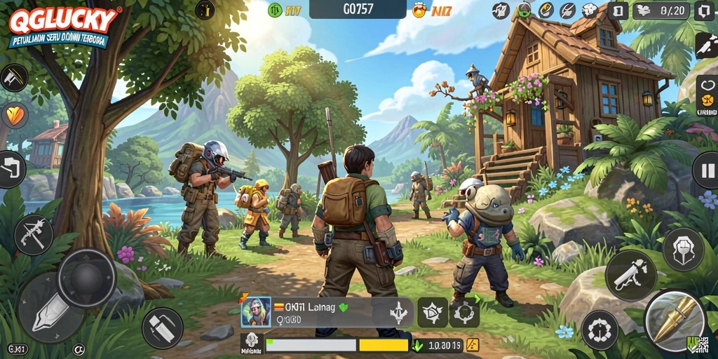 Tampilan gameplay QGLUCKY yang menampilkan dunia terbuka yang luas dan penuh petualangan.
