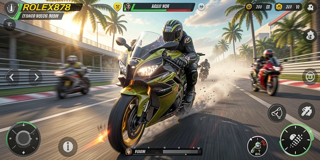 Tampilan dinamis gameplay balapan motor ROLEX878 yang menegangkan.