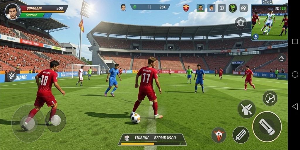 Tampilan gameplay V98 yang mendebarkan dalam aksi sepak bola.